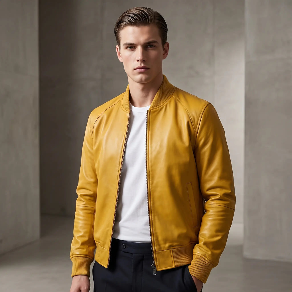 Custom Tailored Bomber Jacket Men’s Yellow Genuine Lambskin Biker Casual Jacket