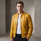 Custom Tailored Bomber Jacket Men’s Yellow Genuine Lambskin Biker Casual Jacket