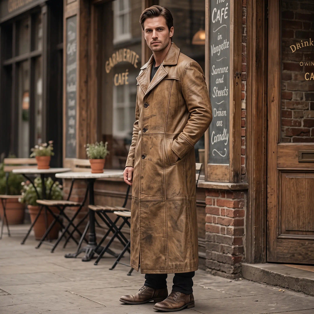 Men’s Custom Tailored Trench Coat Real Sheepskin Leather Duster Coat Men’s Wear