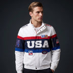 Custom Tailored Men’s Classic White Team USA Olympic Genuine Sheepskin Leather Jacket with USA Flag