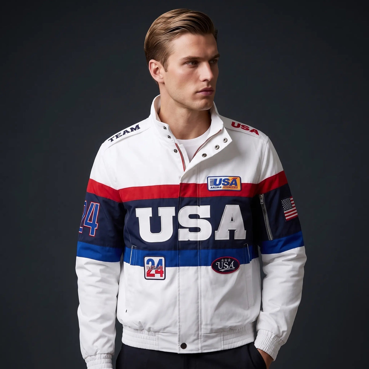 Custom Tailored Men’s Classic White Team USA Olympic Genuine Sheepskin Leather Jacket with USA Flag