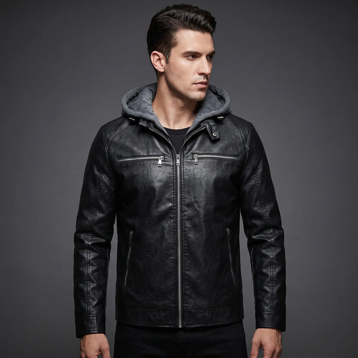 Leather Jacket Black Men’s-Hooded