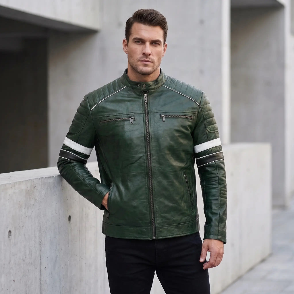 Custom Tailored Men’s Dark Green Motorcycle Genuine Leather Jacket