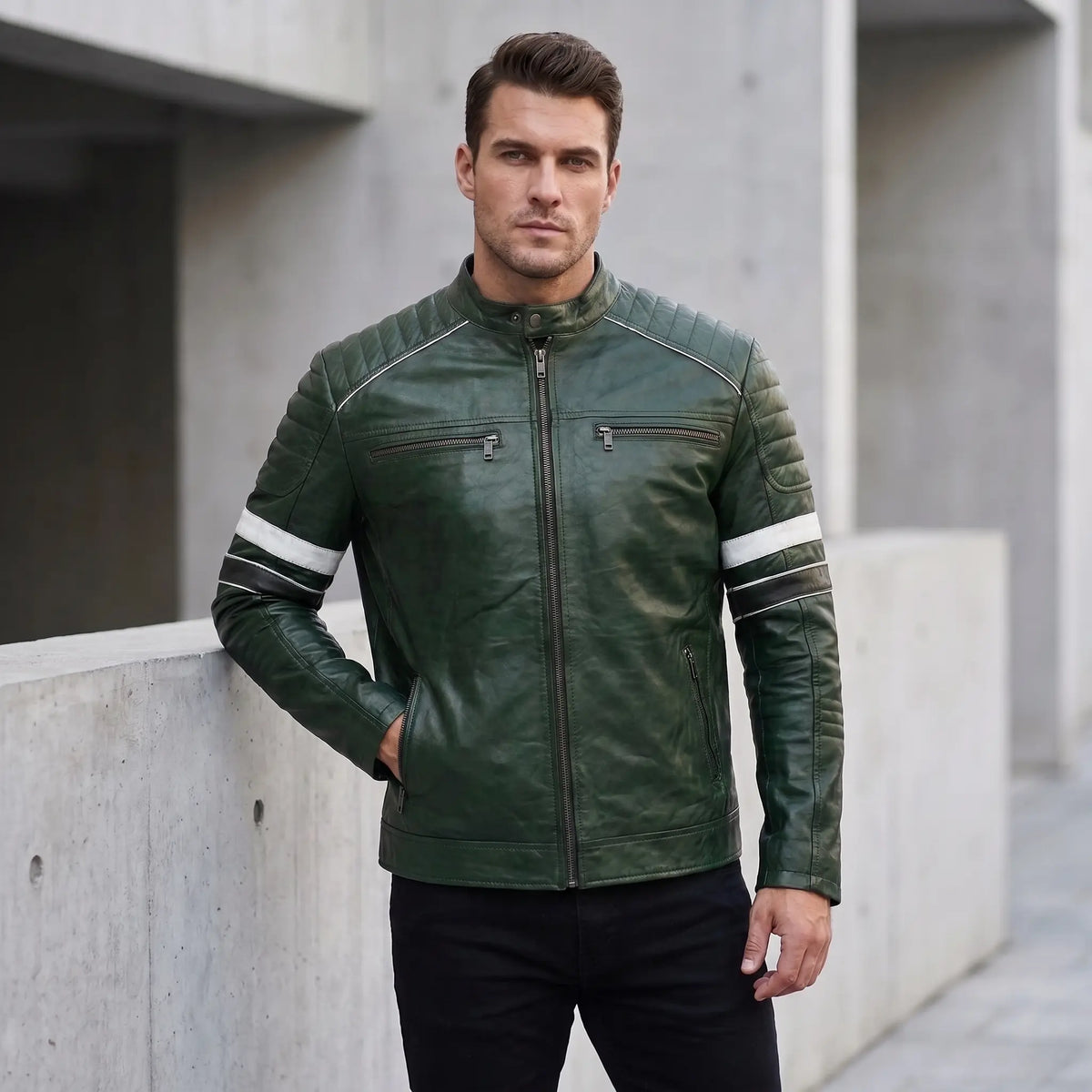 Custom Tailored Men’s Dark Green Motorcycle Genuine Leather Jacket