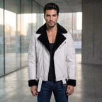 Custom Tailored Men’s White Genuine Sheep Skin Leather Biker Jacket Fur Collar