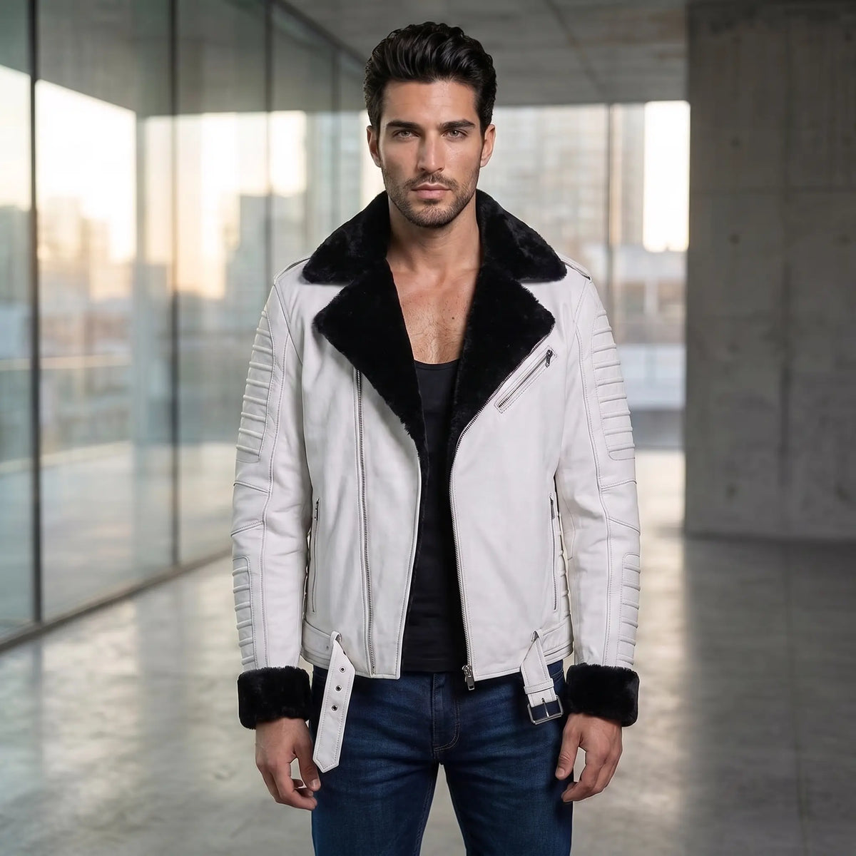 Custom Tailored Men’s White Genuine Sheep Skin Leather Biker Jacket Fur Collar