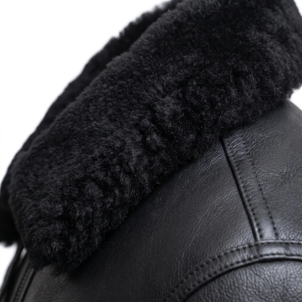 Men’s Sheepskin Shearling Fur Bomber B3 Aviator Black Leather Jacket