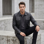 Men’s Custom Tailored Black Trucker Genuine Sheep Skin Motorcycle Jacket