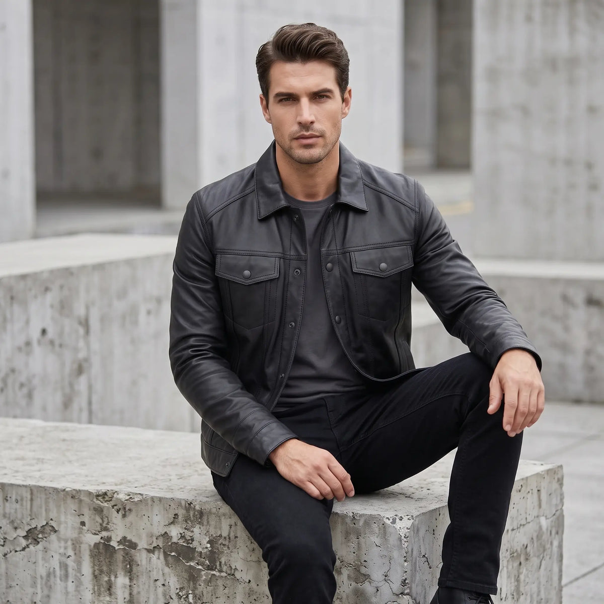 Men’s Custom Tailored Black Trucker Genuine Sheep Skin Motorcycle Jacket
