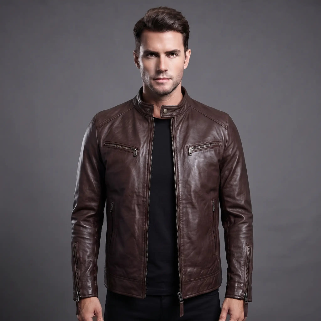 Real Leather Vintage Biker Jacket-Distressed Brown