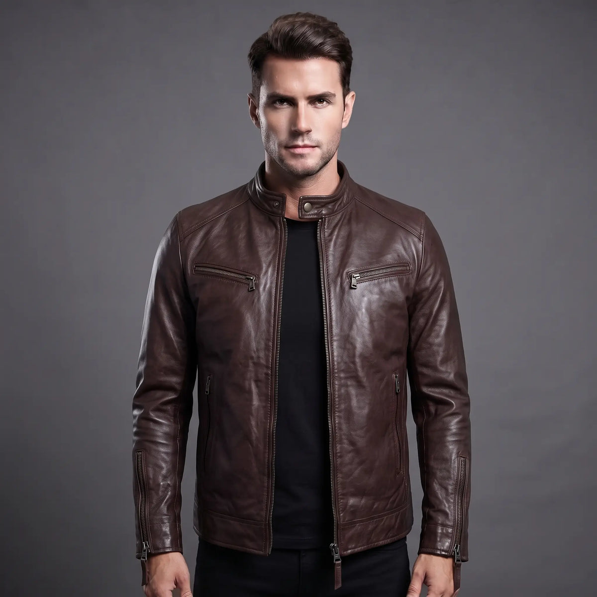 Real Leather Vintage Biker Jacket-Distressed Brown