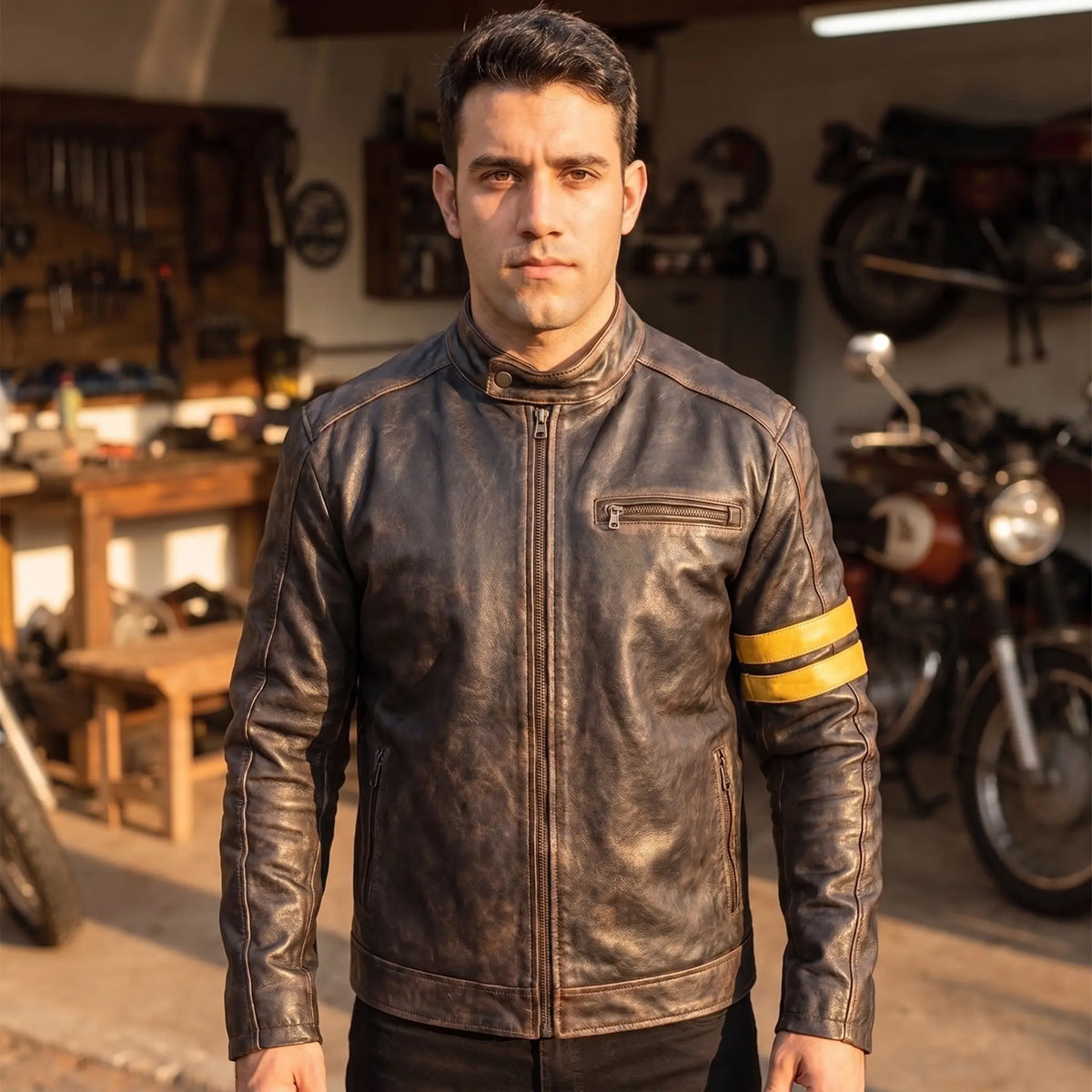 Custom Tailored Men’s Café Racer Genuine Sheepskin Leather Black Rub-off Jacket