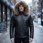 Custom Tailored Black Real Sheep Skin Leather Puffer Padded Raccoon Hood Jacket