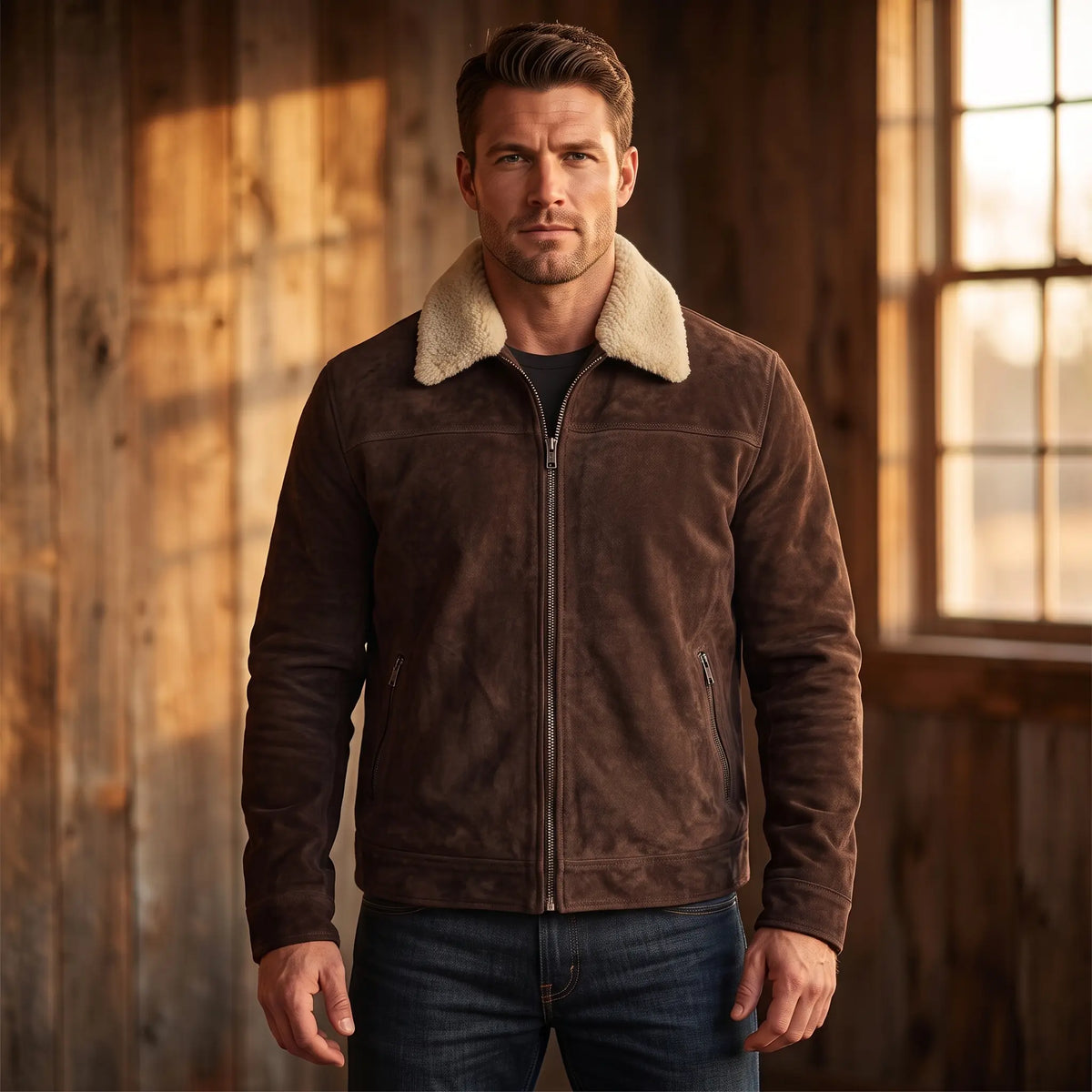 Custom Tailored Men’s Brown Genuine Sheepskin Leather Jacket with Genuine Shearling Fur Collar