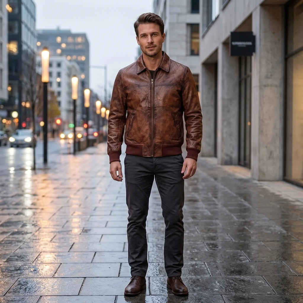 Custom Tailored Men’s Biker Genuine Vintage Distressed Bomber Leather Jacket