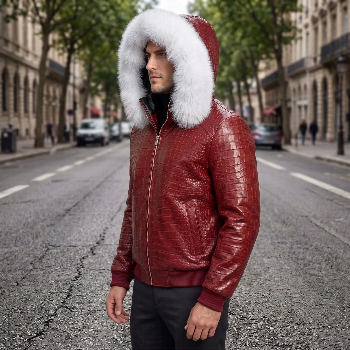 Custom Tailored Men’s Crocodile Embossed Fur Hooded Genuine Sheepskin Leather Jacket