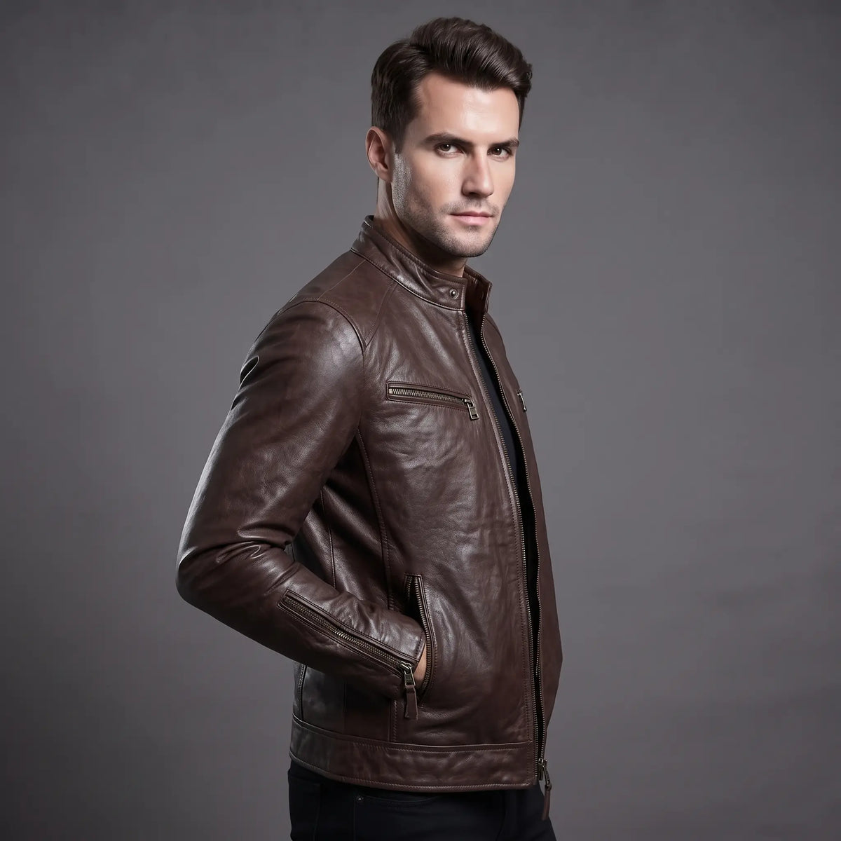 Real Leather Vintage Biker Jacket-Distressed Brown