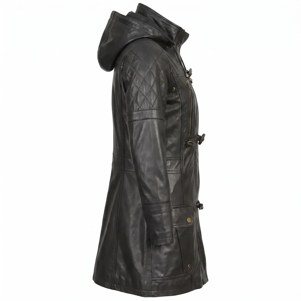 Women’s Custom Tailored Black Hooded Genuine Sheepskin Leather Coat