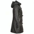 Women’s Custom Tailored Black Hooded Genuine Sheepskin Leather Coat