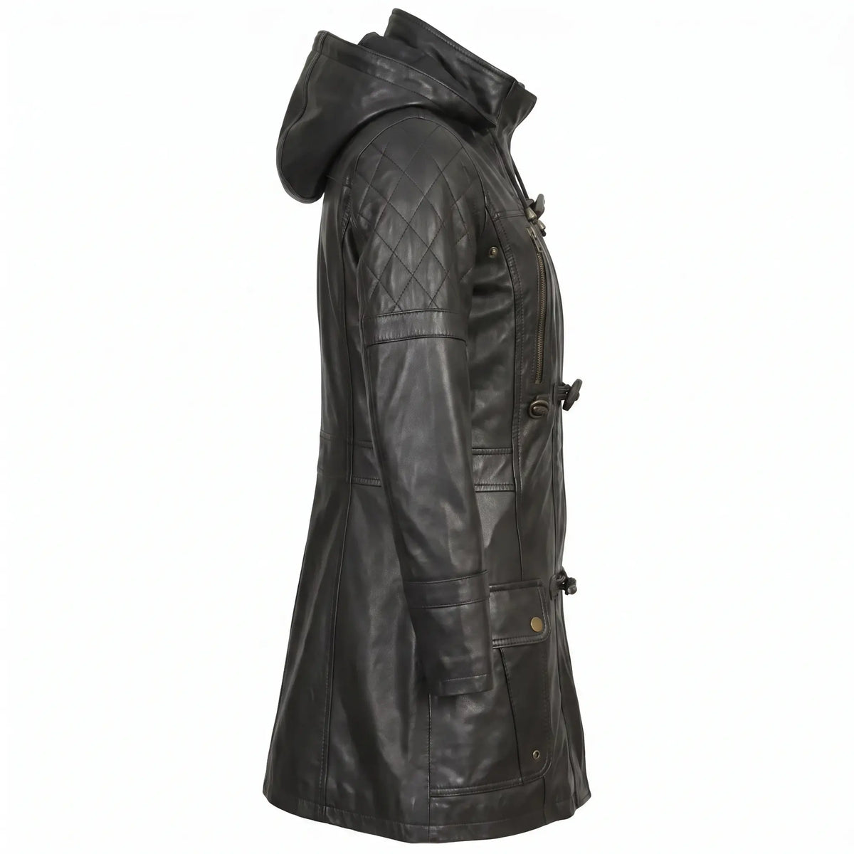 Women’s Custom Tailored Black Hooded Genuine Sheepskin Leather Coat
