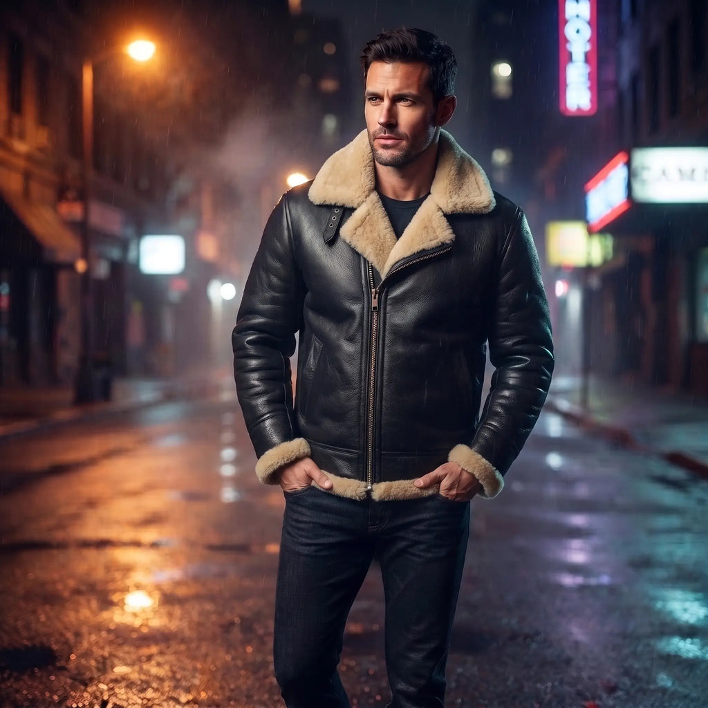 Men’s Sheepskin Shearling Fur Bomber B3/B17 Aviator Vintage Leather Biker Jacket