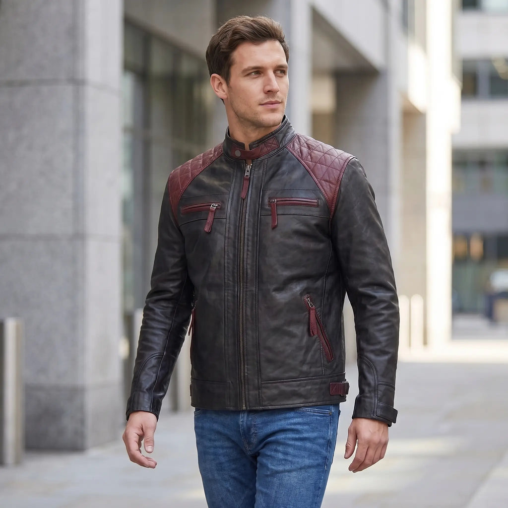 Custom Tailored Men’s Cafe Racer Biker Quilted Genuine Sheep Leather Jacket