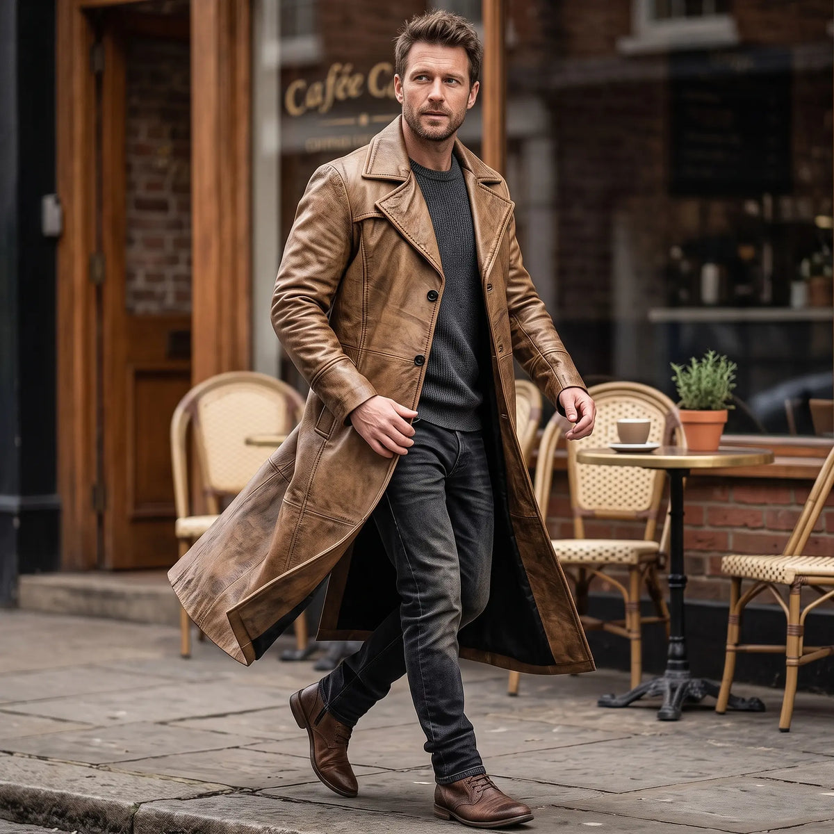 Men’s Custom Tailored Trench Coat Real Sheepskin Leather Duster Coat Men’s Wear
