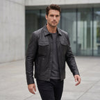 Men’s Custom Tailored Black Trucker Genuine Sheep Skin Motorcycle Jacket