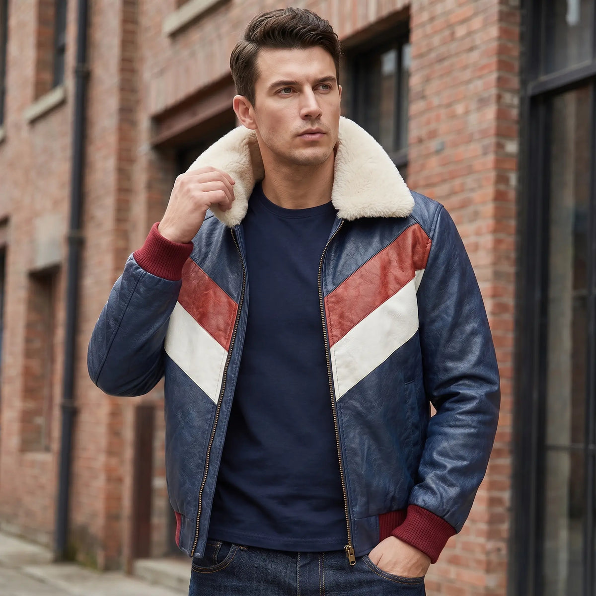 Men’s Custom Tailored Genuine Leather V Bomber Jacket fur Collar Red/White/Navy