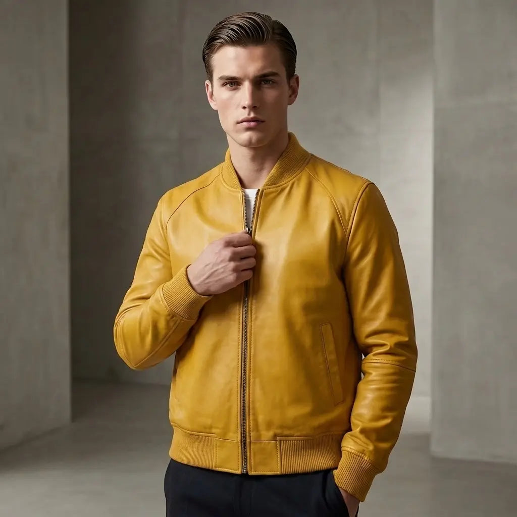 Custom Tailored Bomber Jacket Men’s Yellow Genuine Lambskin Biker Casual Jacket