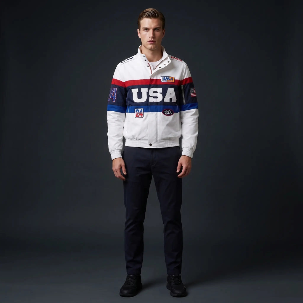 Custom Tailored Men’s Classic White Team USA Olympic Genuine Sheepskin Leather Jacket with USA Flag