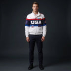 Custom Tailored Men’s Classic White Team USA Olympic Genuine Sheepskin Leather Jacket with USA Flag