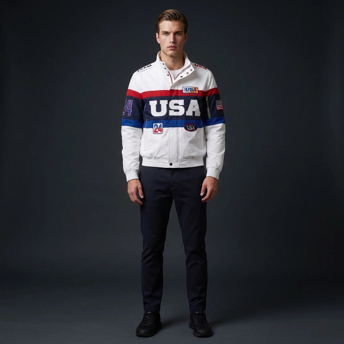Custom Tailored Men’s Classic White Team USA Olympic Genuine Sheepskin Leather Jacket with USA Flag