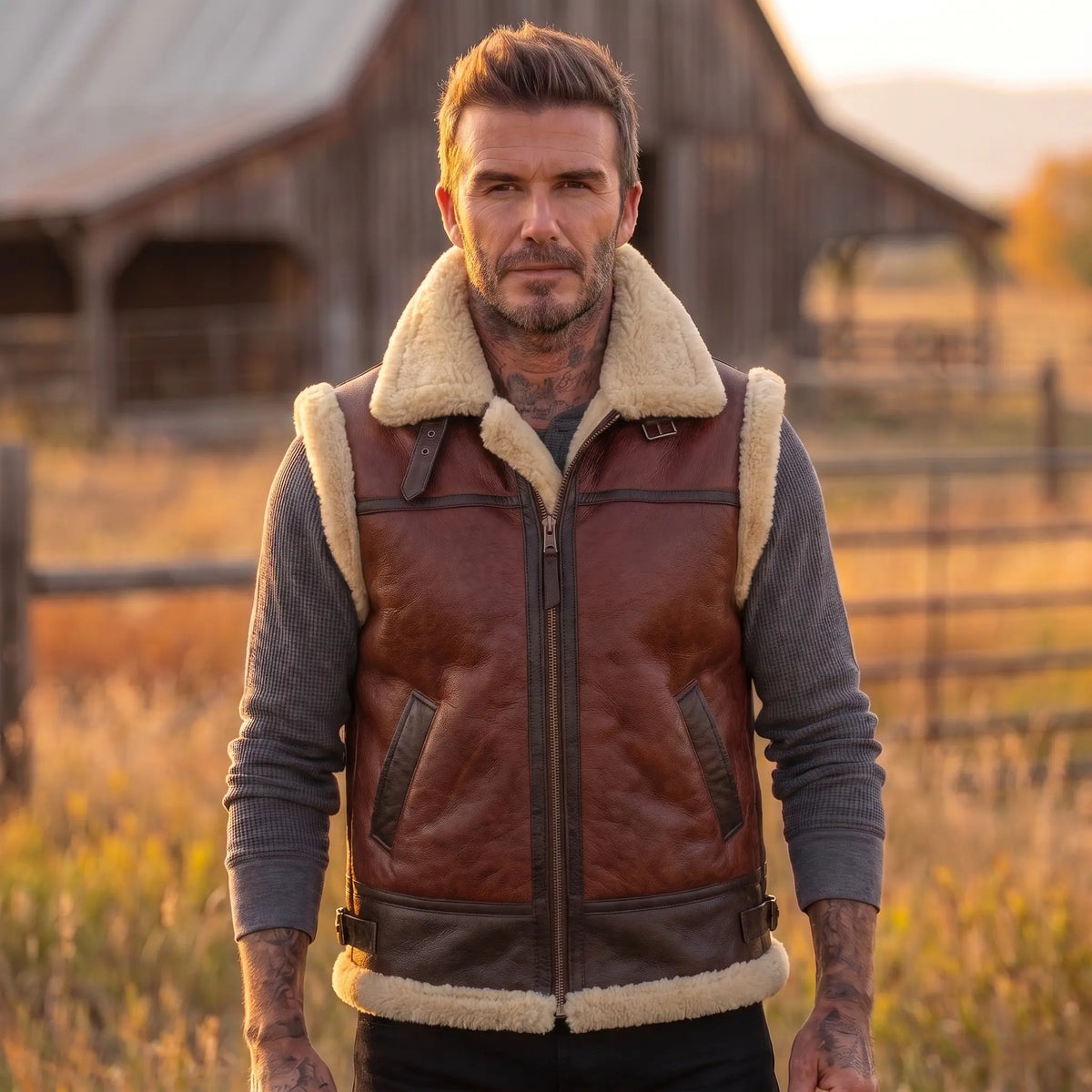 B3 Men Leather fur Vest -Aviator bomber Real Shearling Sheepskin Vest