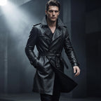 Men’s Custom Tailored Genuine Leather Trench Coat Belted Coat Jacket