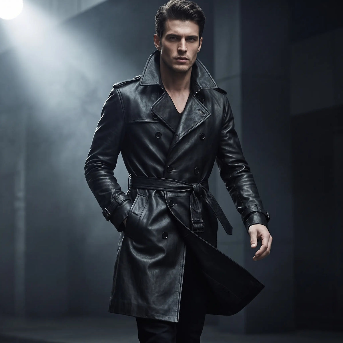 Men’s Custom Tailored Genuine Leather Trench Coat Belted Coat Jacket