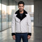 Custom Tailored Men’s White Genuine Sheep Skin Leather Biker Jacket Fur Collar
