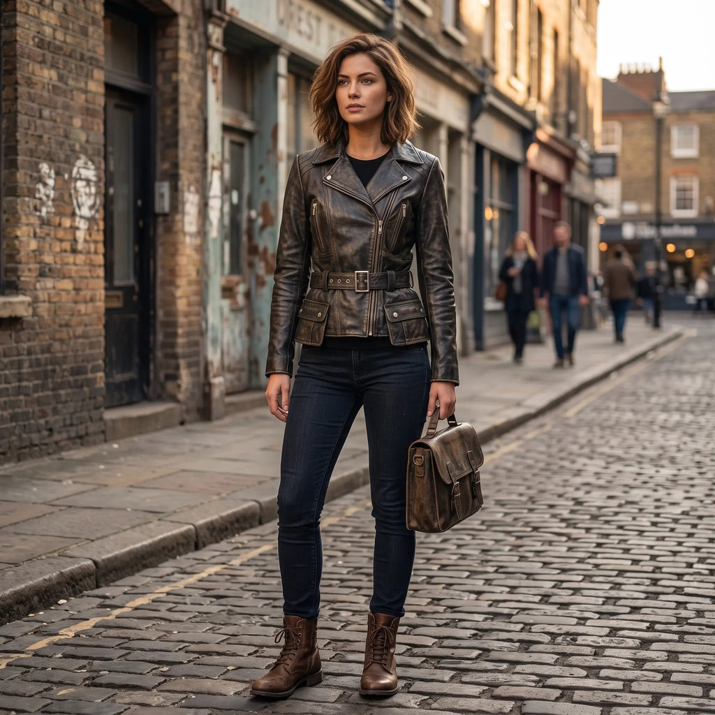 Women’s Custom Tailored Genuine Sheep Skin Leather Slim fit Biker Jacket