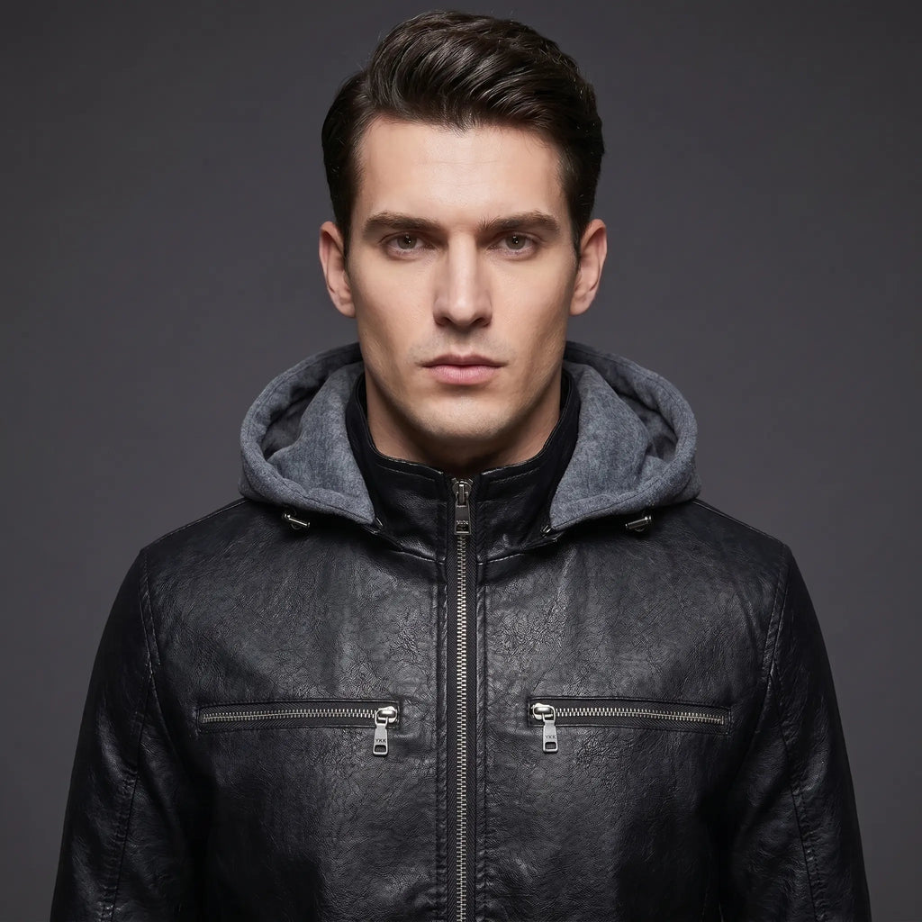 Leather Jacket Black Men’s-Hooded
