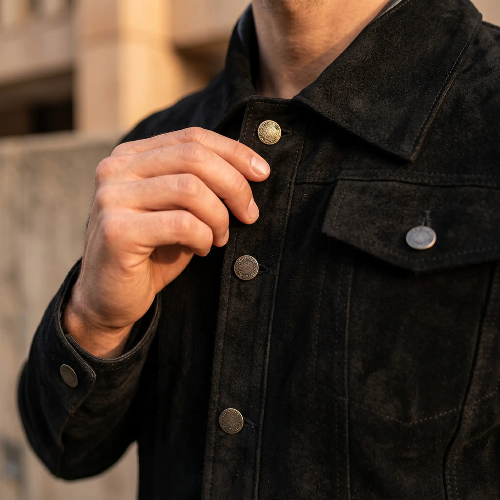 New Men’s Zipper Suede Genuine Leather Jacket Biker Motorcycle Button Black