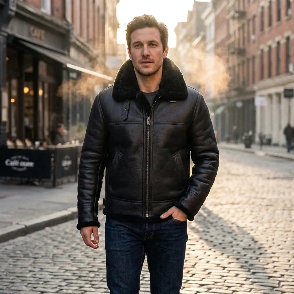 Men’s Sheepskin Shearling Fur Bomber B3 Aviator Black Leather Jacket