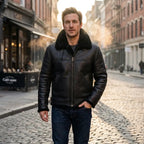 Men’s Sheepskin Shearling Fur Bomber B3 Aviator Black Leather Jacket