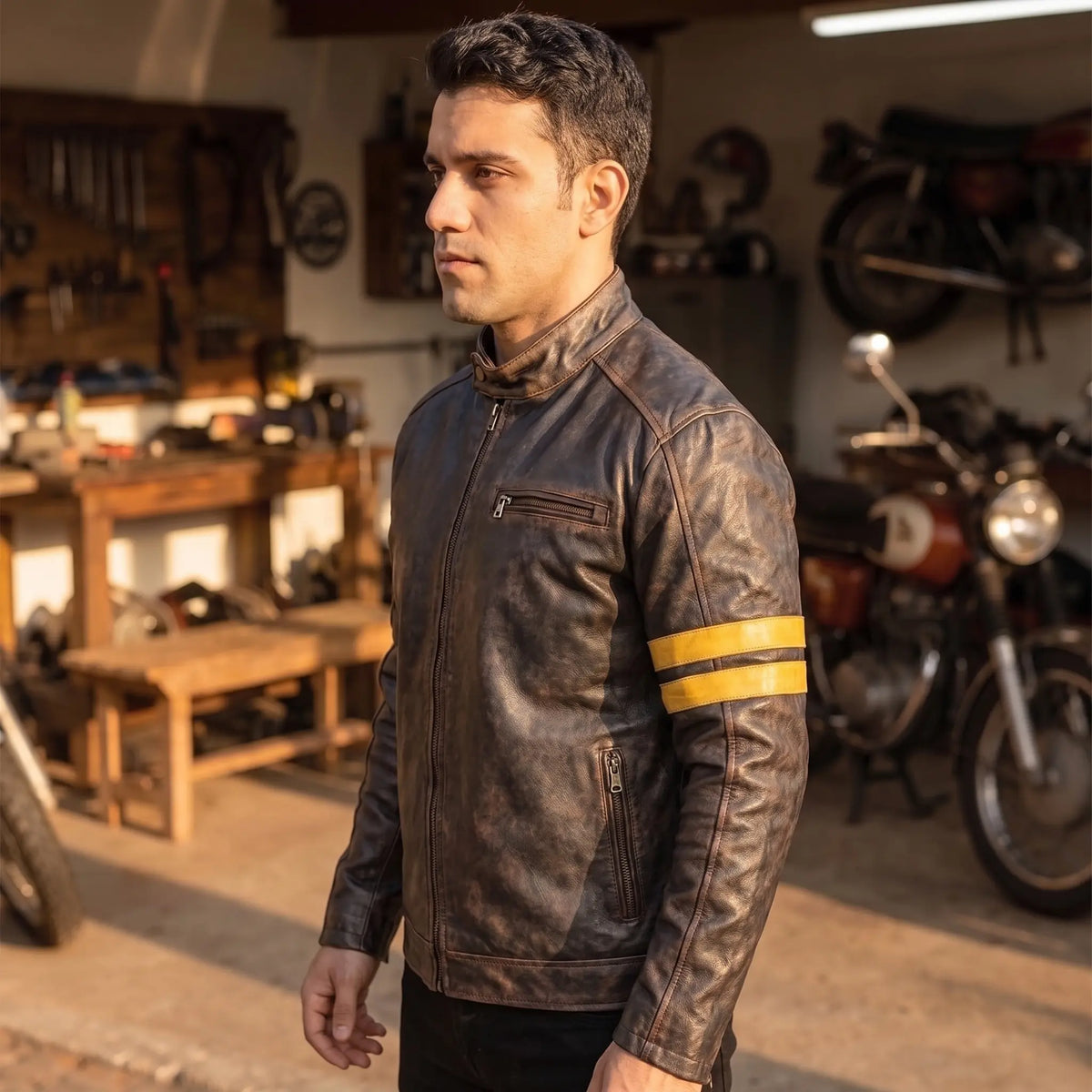Custom Tailored Men’s Café Racer Genuine Sheepskin Leather Black Rub-off Jacket