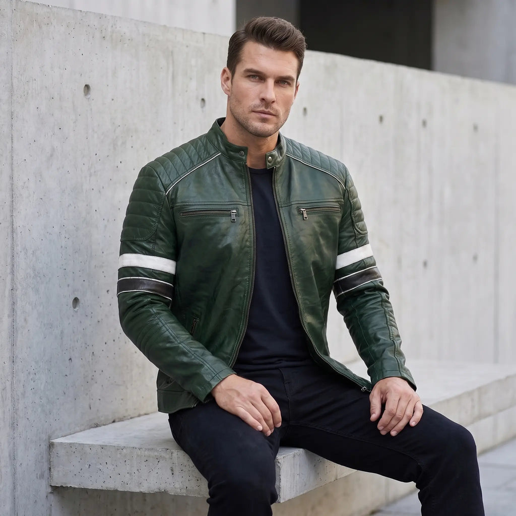 Custom Tailored Men’s Dark Green Motorcycle Genuine Leather Jacket