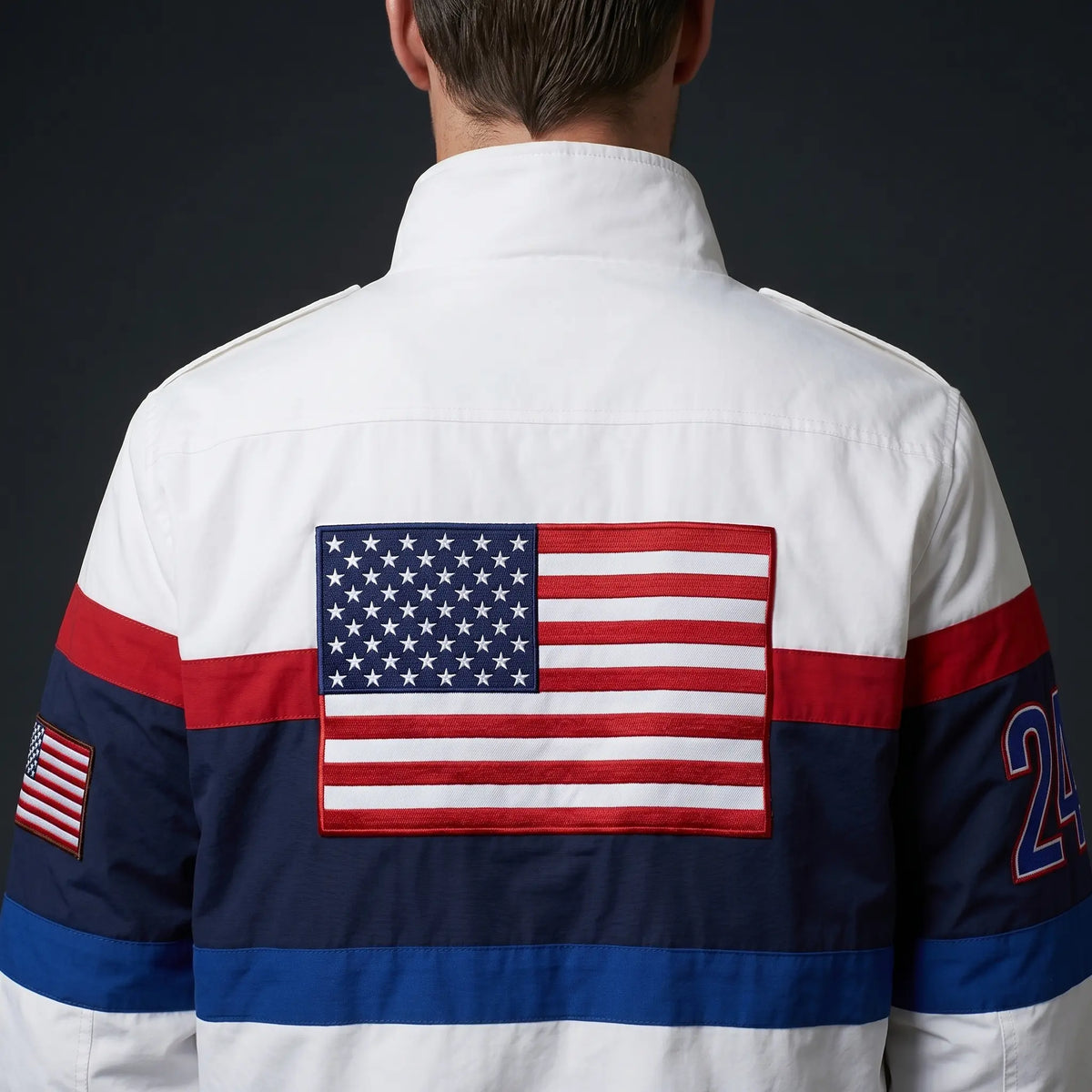 Custom Tailored Men’s Classic White Team USA Olympic Genuine Sheepskin Leather Jacket with USA Flag