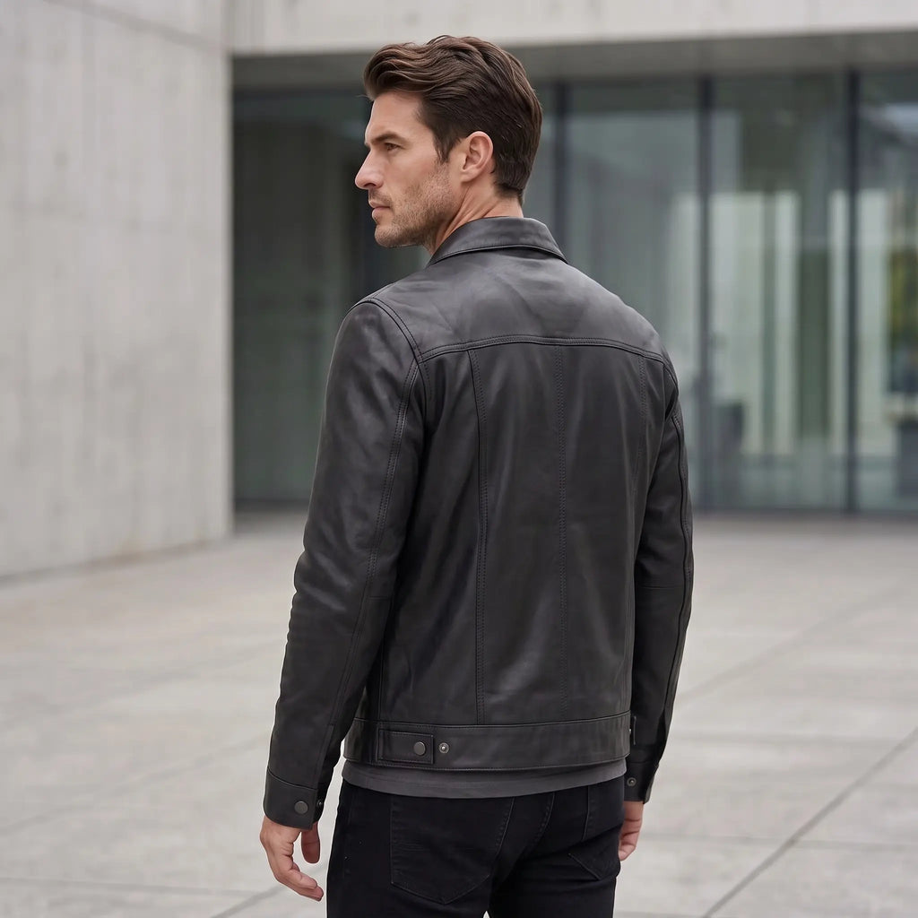 Men’s Custom Tailored Black Trucker Genuine Sheep Skin Motorcycle Jacket