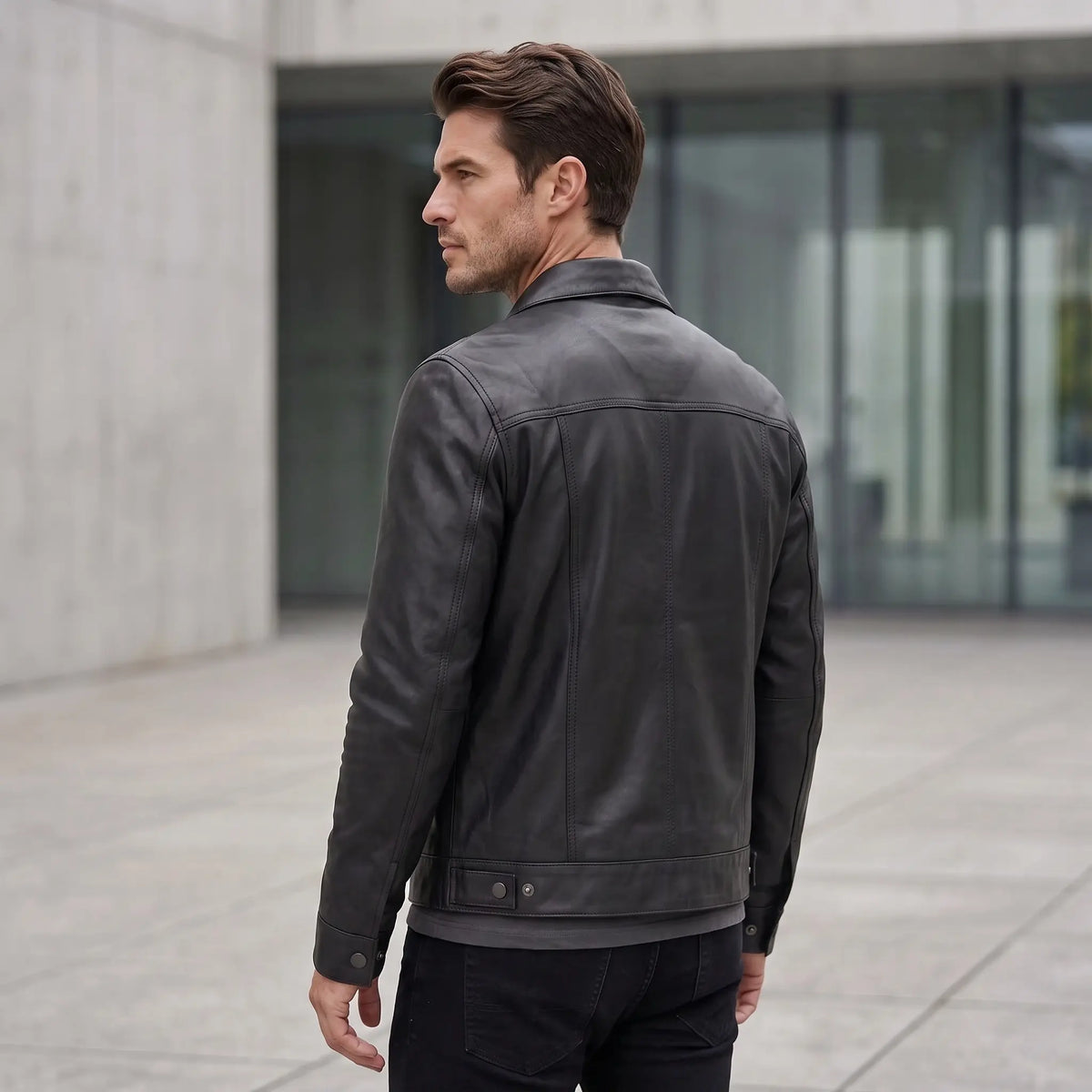 Men’s Custom Tailored Black Trucker Genuine Sheep Skin Motorcycle Jacket