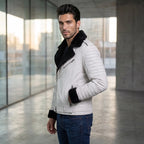 Custom Tailored Men’s White Genuine Sheep Skin Leather Biker Jacket Fur Collar