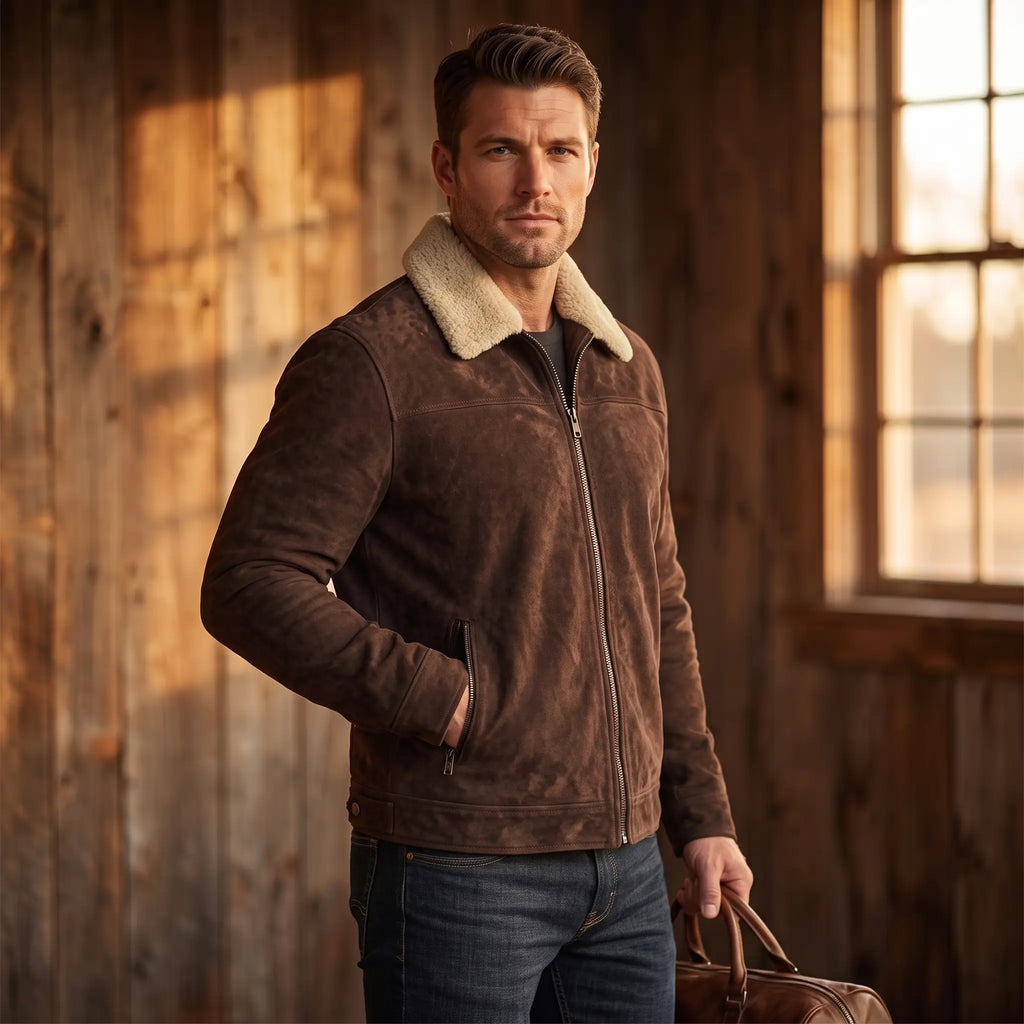 Custom Tailored Men’s Brown Genuine Sheepskin Leather Jacket with Genuine Shearling Fur Collar