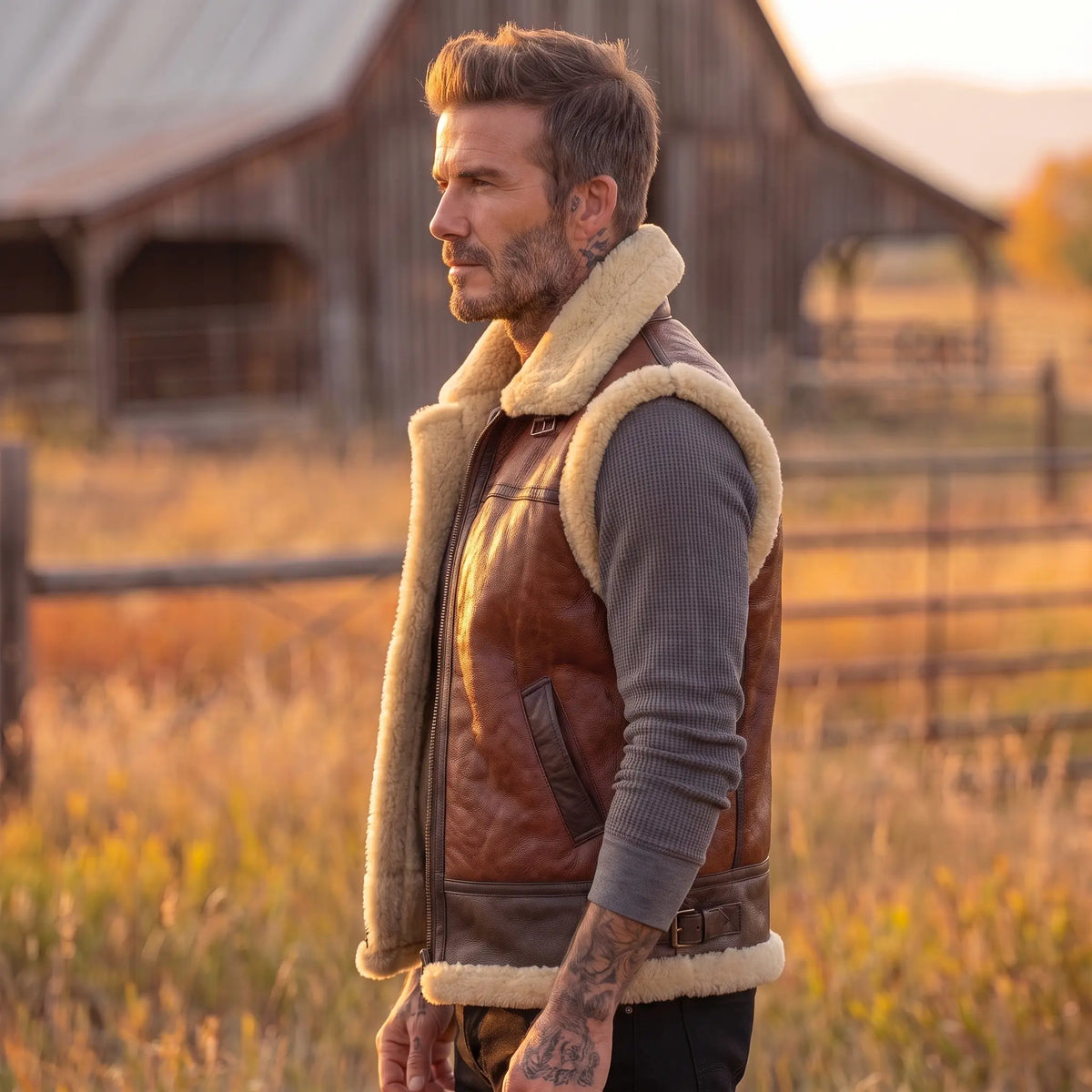 B3 Men Leather fur Vest -Aviator bomber Real Shearling Sheepskin Vest